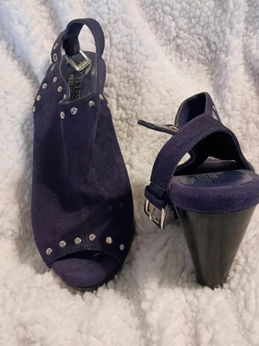 Studded Open-Toe Slingback Heels in Dark Purple
